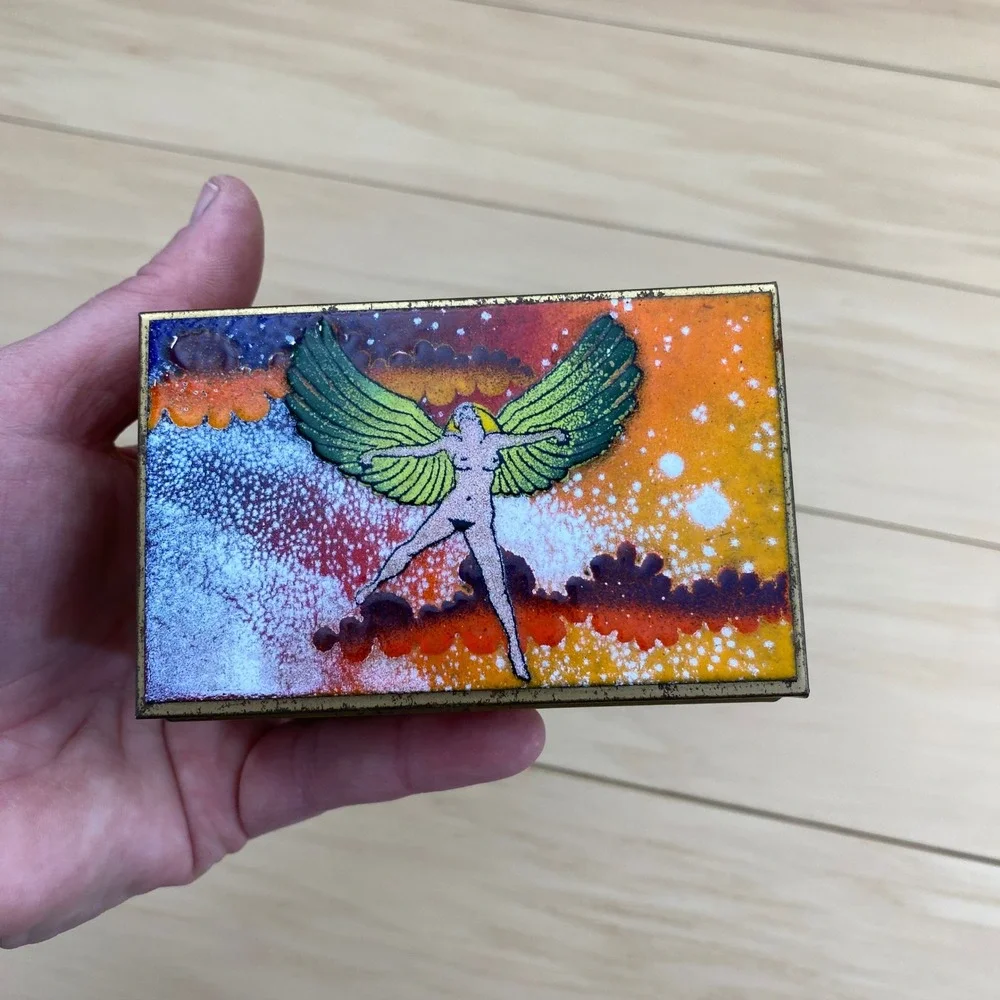 Vintage Day Dreams Handcrafted Porcelain Enamel Jewelry Box Winged Woman Brass